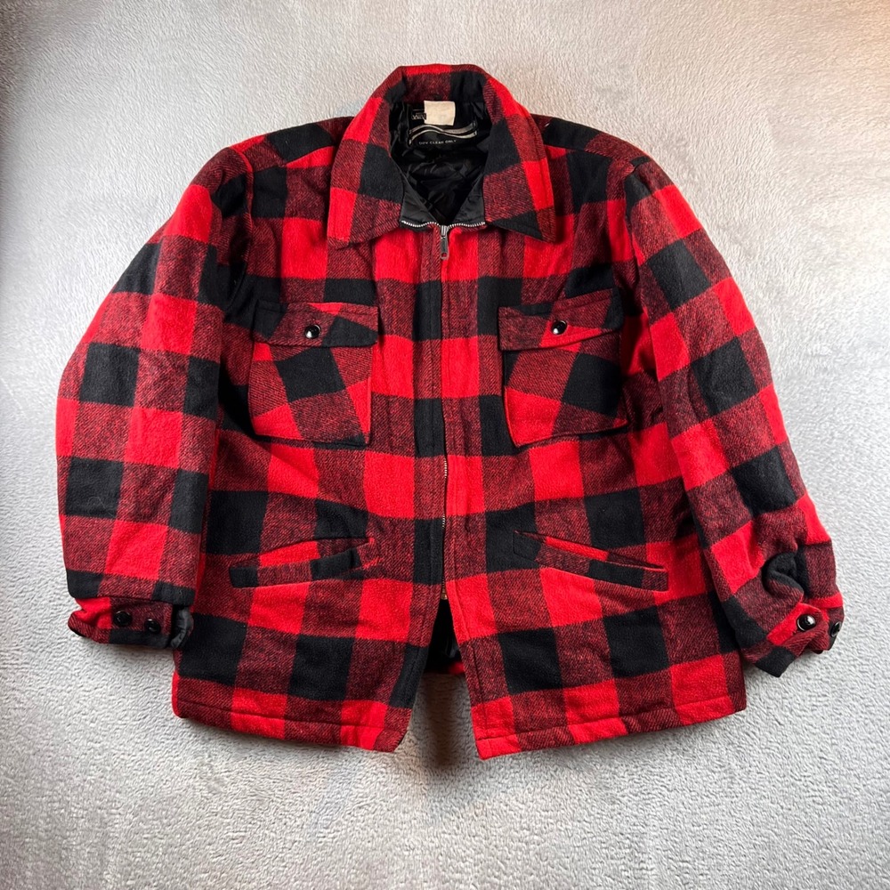 Vintage Montgomery Ward Buffalo Plaid Field Jacket Red Black Quilted Lined Zip